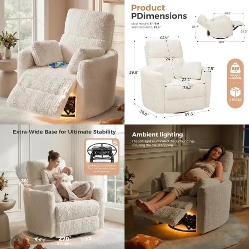 Power Swivel Rocker Recliner Nursery Glider Chair with Nightlight USB & Type-C Plush Comfy Living Room Bedroom Cream, Customized - AliExpress