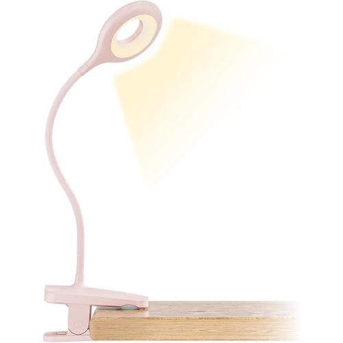CUHIOY Rechargeable Clip on Reading Light for Bed, Battery Desk Lamp, 5 Color 5 Brightness & Touch Control Headboard Lamp, Large Clamp Lamp with Flexible Neck, Eye Protect LED Bedside Light, Pink