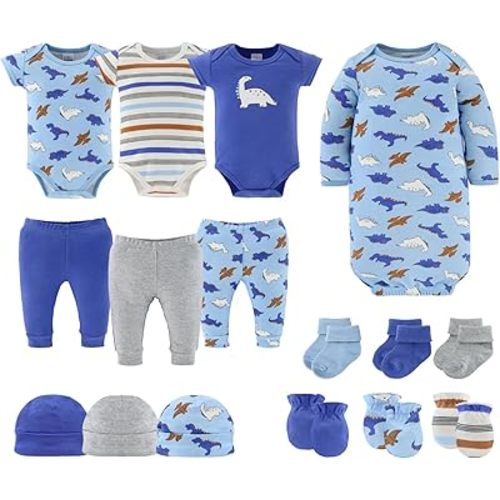The Peanutshell Baby Layette Gift Set for Boys - 16 Piece New Born Boy Gift Set, Baby Clothes & Newborn Essentials Must Haves - Newborn Clothes 0-3 Months - Blue Dino
