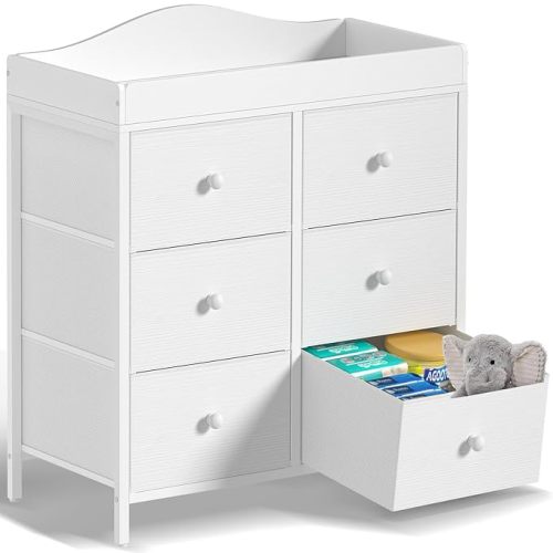 BOLUO White Changing Table Dresser with 6 Drawers Baby Dresser with Changing Table Top Diaper Changing Station with Storage for Nursery Modern