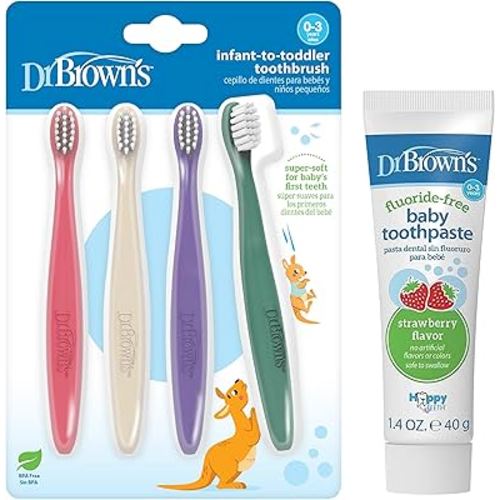 Dr. Brown's Infant-to-Toddler Toothbrush Set, Soft & Gentle Manual Toothbrushes for Baby, BPA Free, 4-Pack + Fluoride-Free Baby Toothpaste, Strawberry, 1-Pack, 1.4oz/40g, 0-3 Years