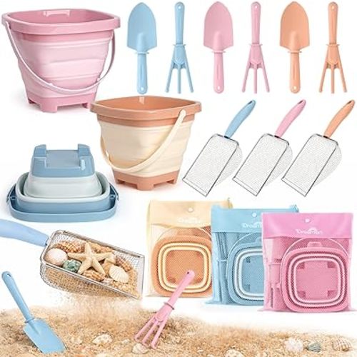 Beach Sand Toys Mesh Shovel Set for Kids, 3 Pack Collapsible Sand Buckets and Filter Sand Scooper with Mesh Bag for Shell Collecting, Shark Tooth Sifter Dipper Sandbox Toys for Toddlers Boys Girls