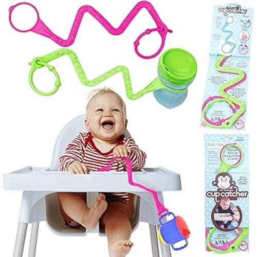 Brilli Baby Cup Catcher Patented Safety Tether Strap, Attach Sippy Cups, Bottles, Pacifiers & More to Stroller, High Chair, Car Seat, Made in USA, Food Grade, Dishwasher Safe (Pink & Lime)