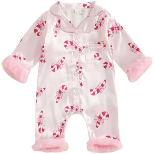 Baby Girl Satin Pajamas Bow Print Silk Romper Pjs Long Sleeve Feather Trim Button Down One-Piece Sleepwear Jumpsuit
