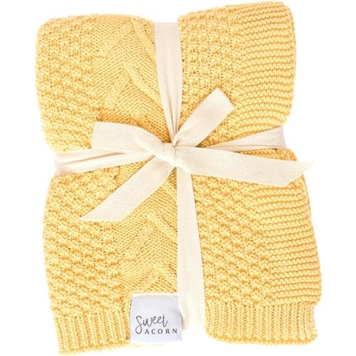 Knit Baby Blanket in Elegant Pattern, Organic Cotton Blankets for Crib or Stroller, Receiving Blankets - Butter Yellow