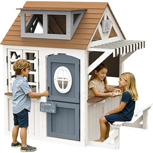Albott Kids Outdoor Wooden Playhouse with Kitchen Set, Chalkboard, Durable Fir Wood Construction with Waterproof Roof & Rust-Resistant Hinges, Pretend Playhouse for 3–8 Years Old Boys & Girls