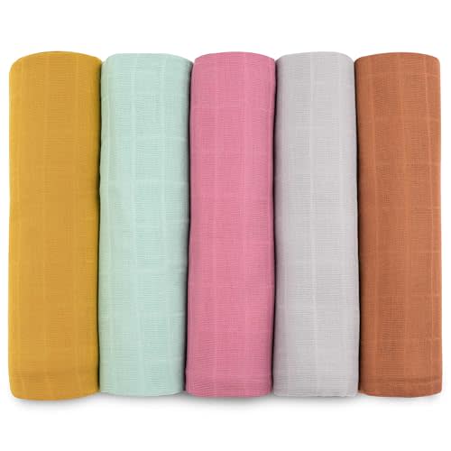 Bublo Baby Muslin Swaddle Blankets, Swaddle Blanket for Baby Boys and Girls, 5-Pack Breathable Premium 100% Cotton Baby Receiving Blankets, Exta Large Size 47x47 Inches, Solid