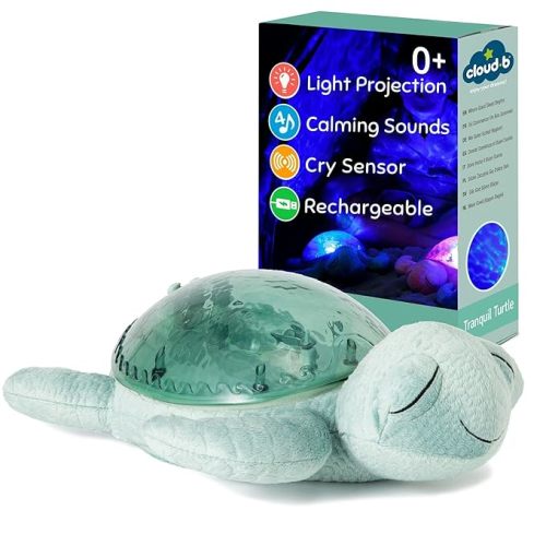 Cloud B Tranquil Turtle Rechargeable - Baby Sound Machine & Ocean Wave Night Light - Eco-Friendly Soother with Cry Sensor & USB-C - Green