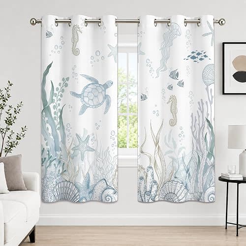 Ocean Beach Sea Turtle Blackout Curtains for Bedroom,52x63 inch