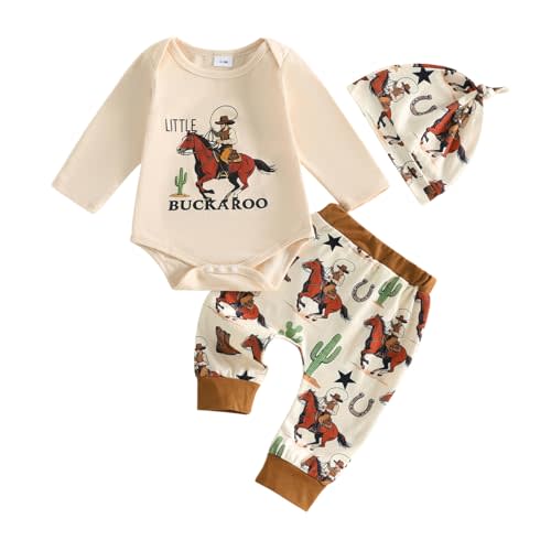 Sasaerucure Newborn Baby Boy Outfit Fall Winter Clothes 3PCS Set | New To the Rodeo Crew Long Sleeve Romper, Long Pants, Knot Hat, Farm Boy Clothes, Western Outfit for Boys