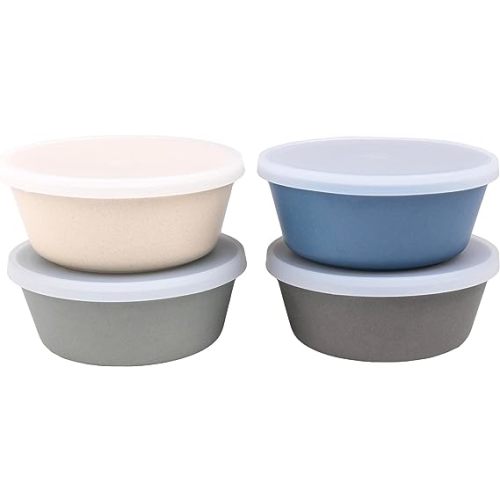 WeeSprout Bamboo Kids Bowls with Lids, Set of Four 10 oz Kid-Sized Dinnerware, Cereal, Leftovers & Snack Bowl, Dishwasher Safe (Blue, Green, Gray, & Beige)