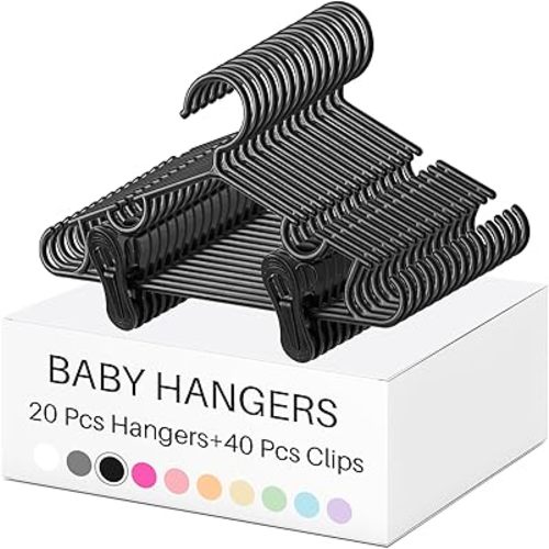 Hsei 5/10/40 Pack Baby Hangers with 10/20/80 Clips, Plastic Kids Pants Hangers for Nursery Closet Top and Bottom Clothes Hanger Set for Newborn Infant Toddler(60 Packs Total,Black,10.6 Inch)