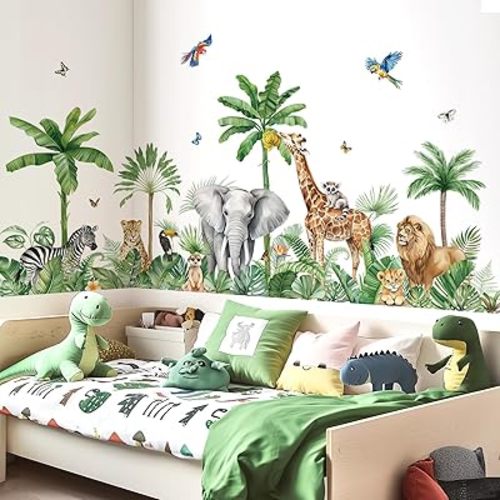 decalmile Large Safari Animals Tropical Tree Wall Decals Jungle Animals Giraffe Elephant Lion Wall Stickers Living Room Baby Nursery Kids Room Wall Decor(XXL)