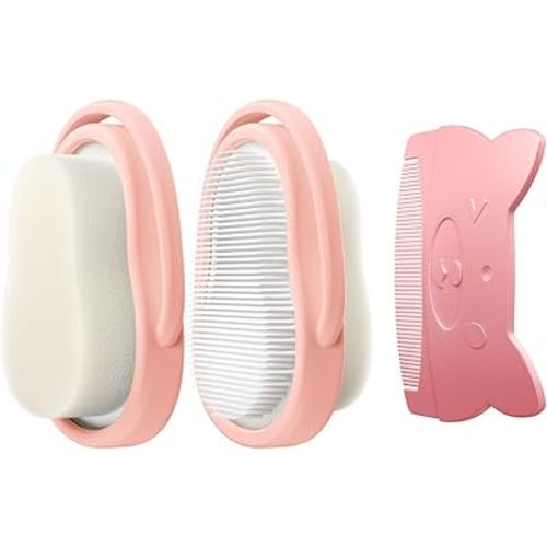 Baby Cradle Cap Brush & Comb Set, 3-in-1 Soft Scalp Brush, Curved Comb & Bath Sponge | BPA-Free Cradle Cap Treatment Kit for Newborns & Infants 0-12 Months, Flakes Removal, Pink