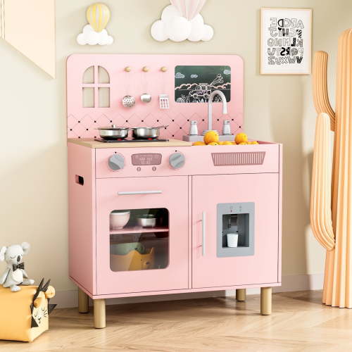 Arlopu Kids Pretend Play Kitchen Set, Wooden Kitchen with Knob Sounds, Sink, Water Dispenser, Chalkboard, 6 Pcs Cookware