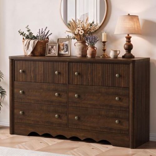 Fluted 6 Dresser for Bedroom, Modern 47.2" Wide 6 Chest of Drawers with Elegant Wave Edge, Wooden Closet Orgainzer for Living Room Nursery, Walnut
