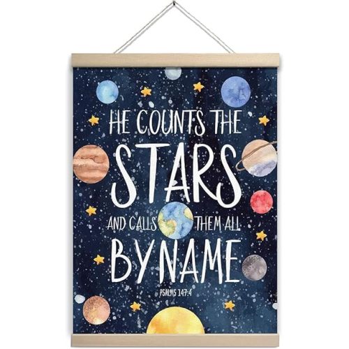 Solar System Poster Wall Art Christian Outer Space Wall Decor Hanging for Classroom Nursery, Psalms 147:4 Space Theme Posters Decoration for Toddlers Kids Room Boy Bedroom 12x16