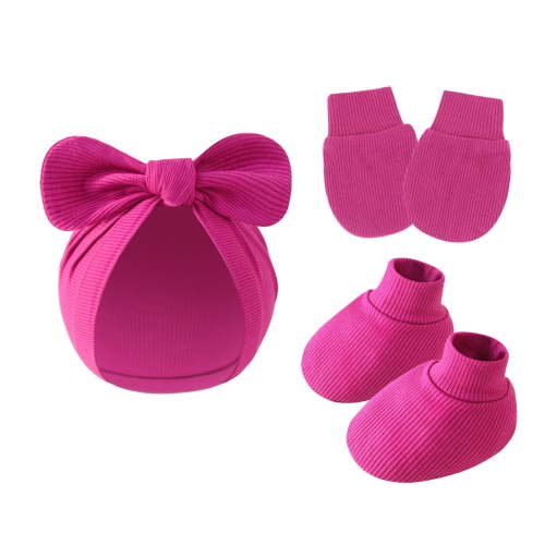 Soft Cotton Infant Bowknot Hat with Matching Mittens and Foot Covers Anti Scratch Design 0-6 Month Baby Shower Gift