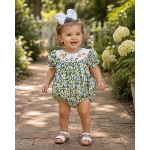 Whimsical Forest Smocked Bubble Romper - Deer, Owl & Rabbit, Bishop style, Thanksgiving, Fall, Vintage Style, Heirloom, Baby Girl, 860 *B