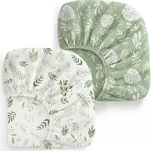 2 Pack Baby Muslin Crib Sheets for Boys Girls 52" x 28" (Green Leaf) | 100% Cotton, Soft and Breathable, Fitted Baby Sheets for Standard Crib Mattress, Neutral Toddler Bed Sheets, Baby Gifts