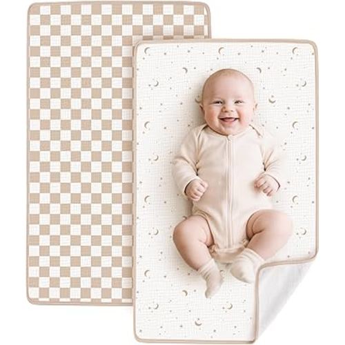 Konssy 2 Pack Waterproof Muslin Cotton Portable Changing Pad 30"x 17", Soft & Foldable Baby Changing Mat Travel Pad with Terry Backing, Shower Gift for Newborn Girls Boys (Coffee Check,Moon)