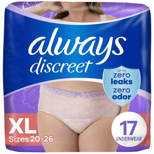 Always Discreet Adult Incontinence Underwear for Women and Postpartum Underwear, XL, Up to 100% Bladder Leak Protection, 17CT