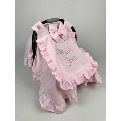 Light Pink Muslin Car Seat Cover: Ruffle, Peekaboo Mesh, Embroidered Handmade Carseat Cover