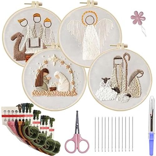 Christmas Embroidery Kit, Nativity Scene Embroidery Kits (Set of 4), Embroidery Kit for Beginners, Christmas Embroidery Kits for Adults, Christmas Cross Stitch Kits with Instruction & Accessories
