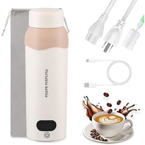 Travel Electric Tea Kettle Portable Small Mini Coffee Kettle with 6 Temperature Control, 304 Stainless Steel Small Water Boiler 450ml USB and Plug in Water Heater with Bag