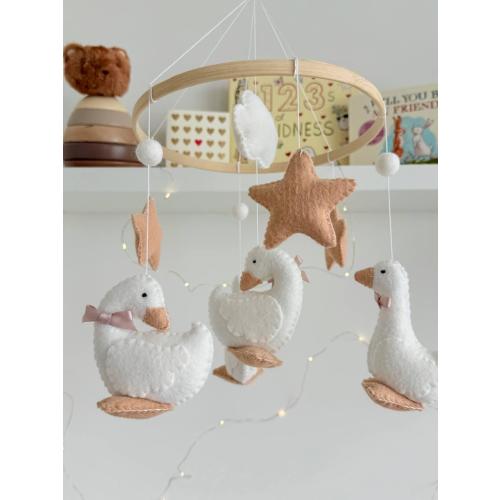 Baby Mobile with Beige Geese – Handmade Felt Baby Mobile, Crib Mobile, Nursery Decor, Newborn Baby Gift, Baby Shower Gift, Beige Mobile