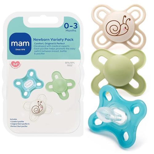 MAM Variety Pack Baby Pacifier, Includes 3 Types of Pacifiers, Nipple Shape Helps Promote Healthy Oral Development,0-6 Months, Unisex, 3 Count (Pack of 1)