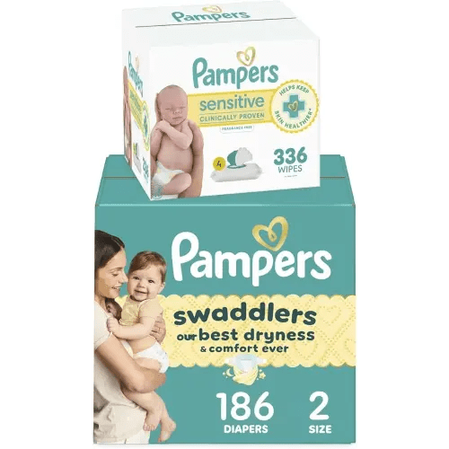 Diapers Size 2, 186 Count and Baby Wipes - Pampers Swaddlers Disposable Baby Diapers and Water Baby Wipes Sensitive Pop-Top Packs, 336 Count (Packaging May Vary)