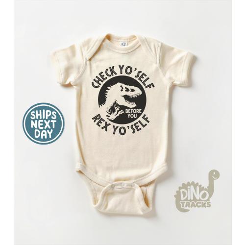 Funny Dinosaur Onesie® - Check Yourself Dino Bodysuit - T-Rex Natural Baby Onesie®