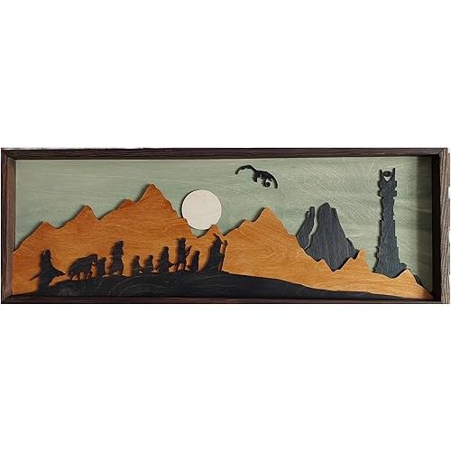 Lord of the Rings Painting, Handmade 3D Epic LOTR Artwork - Handcrafted Wooden Wall Art Inspired by Middle-Earth, Layered Wood Mordor Wall Decor, Ideal Gift for Fans of Tolkien, Fellowship Hobbits