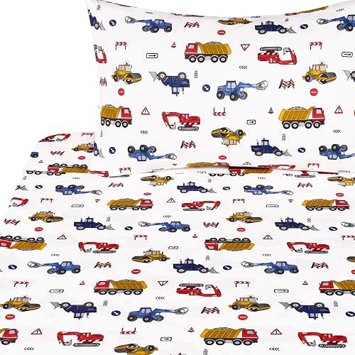 J-pinno Building Construction Car Truck Digger Transport Vehicle Twin 100% Cotton 3 Pieces Sheet Set for Kids Girls Children, Flat Sheet + Fitted Sheet + Pillowcase Bedding Decoration Gift Set