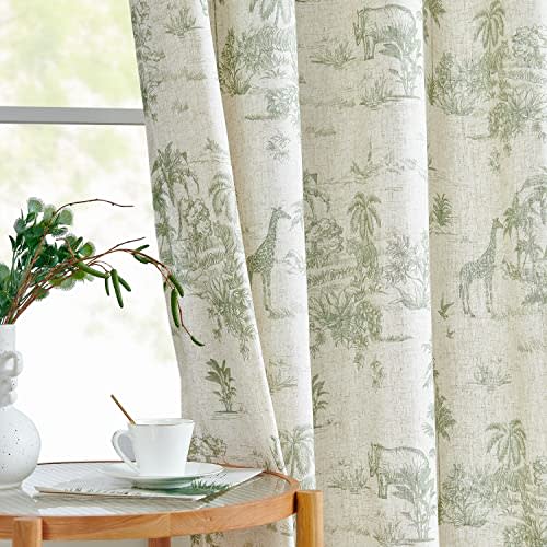 JINCHAN Linen Toile Curtains 84 Inches Long for Living Room Toile de Jouy Floral Printed Farmhouse French Country Curtains Grommet Top Light Filtering Window Drapes for Bedroom 2 Panels Green on Beige