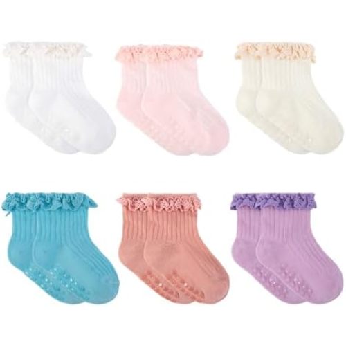 6 Pairs Baby Girl Ruffle Socks Non Slip Grips Cotton Frilly Ankle Crew Fancy Dress Socks for Newborn Infant Toddler