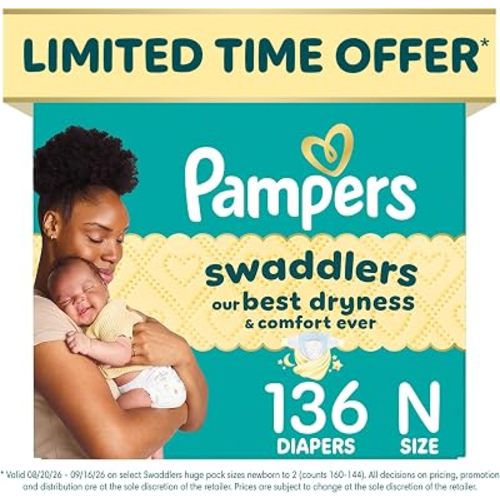 Pampers Swaddlers Diapers, Size 0 (up to 10 lbs), 136 Count, Absorbent, Keeps Baby Dry and Comfortable, Skin Safe Disposable Baby Diaper