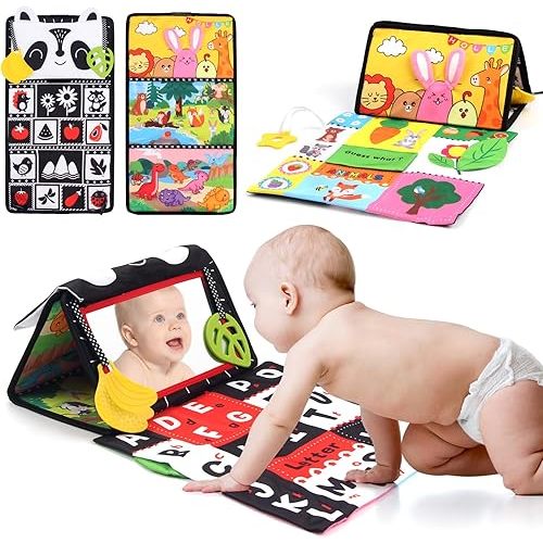 Joyfia Tummy Time Baby Mirror Toys 0-12 Months, Black and White High Contrast Crinkle Toy with Teethers, Montessori Sensory Brain Development Toys for Newborns Infants, 1 Year Old Boys Girls Gifts