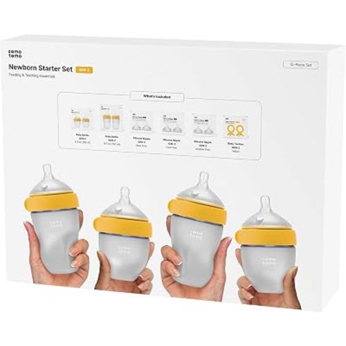 Comotomo Newborn Starter Set - 12 Piece Baby Bottle Gift Set, Yellow