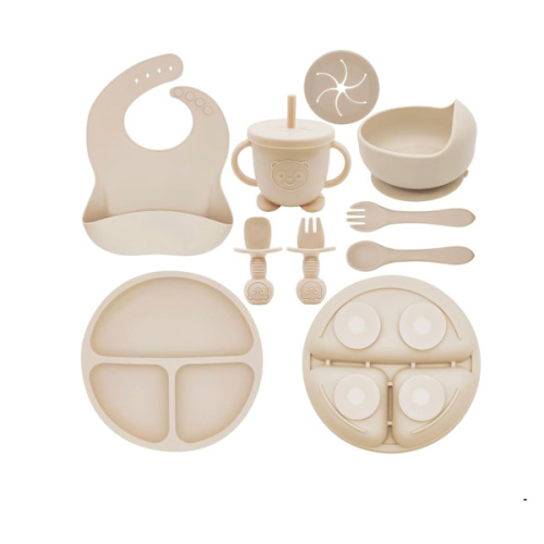 Silicone Baby Feeding Set | Baby Led Weaning Supplies Includes Suction Bowls and Divided Plates, Adjustable Bib, Baby Utensils Spoons and Forks,Cup | Baby Feeding Essentials (Beige)