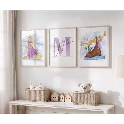 Personalized Rapunzel Wall Art, Tangled Nursery Decor: Watercolor Art Print Set (Digital Download
