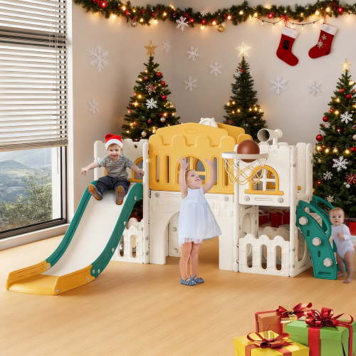 WFUN 9 in 1 Outdoor Freestanding Kids Slide Set for Toddlers Age 1+, Playground Set for Backyard, Yellow & Green