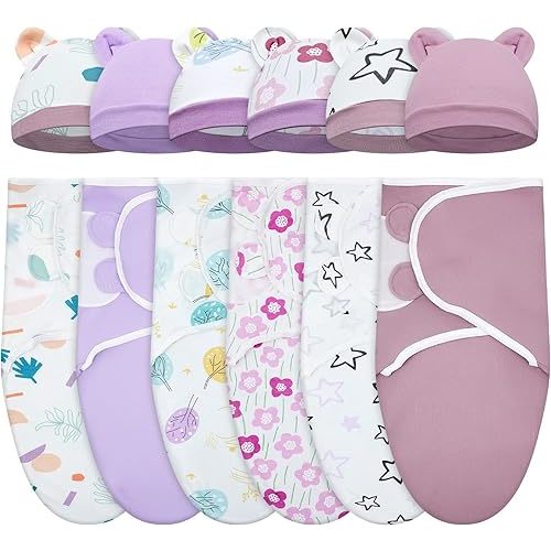 Ramede 6 Pack Swaddle Blanket with Hats for Baby Girl Boy 100% Cotton Swaddles 0-3 Months, Adjustable Breathable Skin Friendly Receiving Blanket Wrap, Essential for Newborns