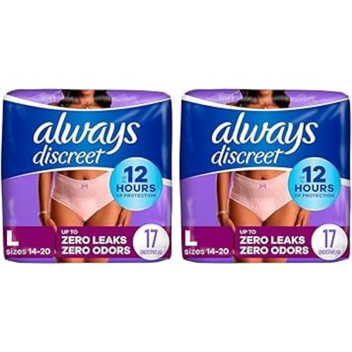 Always Discreet Adult Incontinence & Postpartum Underwear for Women, Maximum, Large, 17 Count (Packaging May Vary) (Pack of 2)