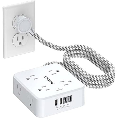 Surge Protector Power Strip - CHCORE 5Ft Braided Extension Cord with 8 Outlets with 4 USB (2 USB C) Charging Ports, Flat Plug Multi Plug Outlet Extender Charging Station for Home Office, ETL, White