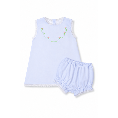 Pink Roses on Pale Blue Smocked Diaper Set