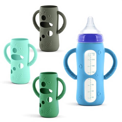 DANACNPE 4-Pack Silicone Sleeves for Lansinoh Glass Bottles 8 oz- Starry Sky Design Baby Bottle Holder with Handles,Protectors for Lansinoh Natural Wave Glass Bottles, Anti-Scald Feeding Supplies