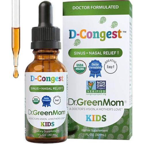 Dr. Green Mom D-Congest Kids - Organic Kids Sinus Support Drops | Drug-Free Herbal Supplement for Children's Stuffy Nose, Nasal & Respiratory Health | USDA Organic, Non-GMO