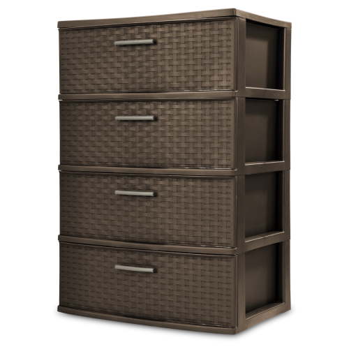 Free Shipping! Sterilite Plastic 4 Drawer Wide Weave Tower, Opaque Storage Organizer with Pull Handles, Brown